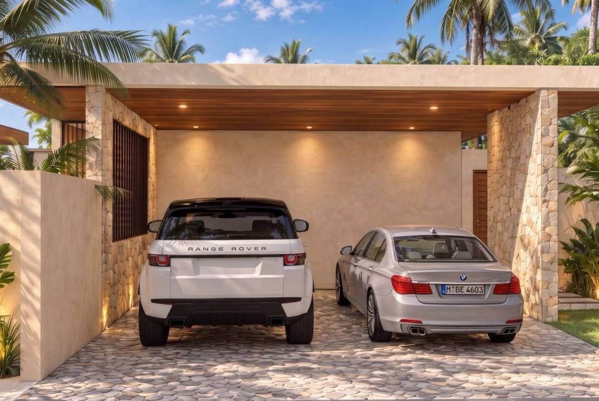 Covered parking area with two cars and tropical planting