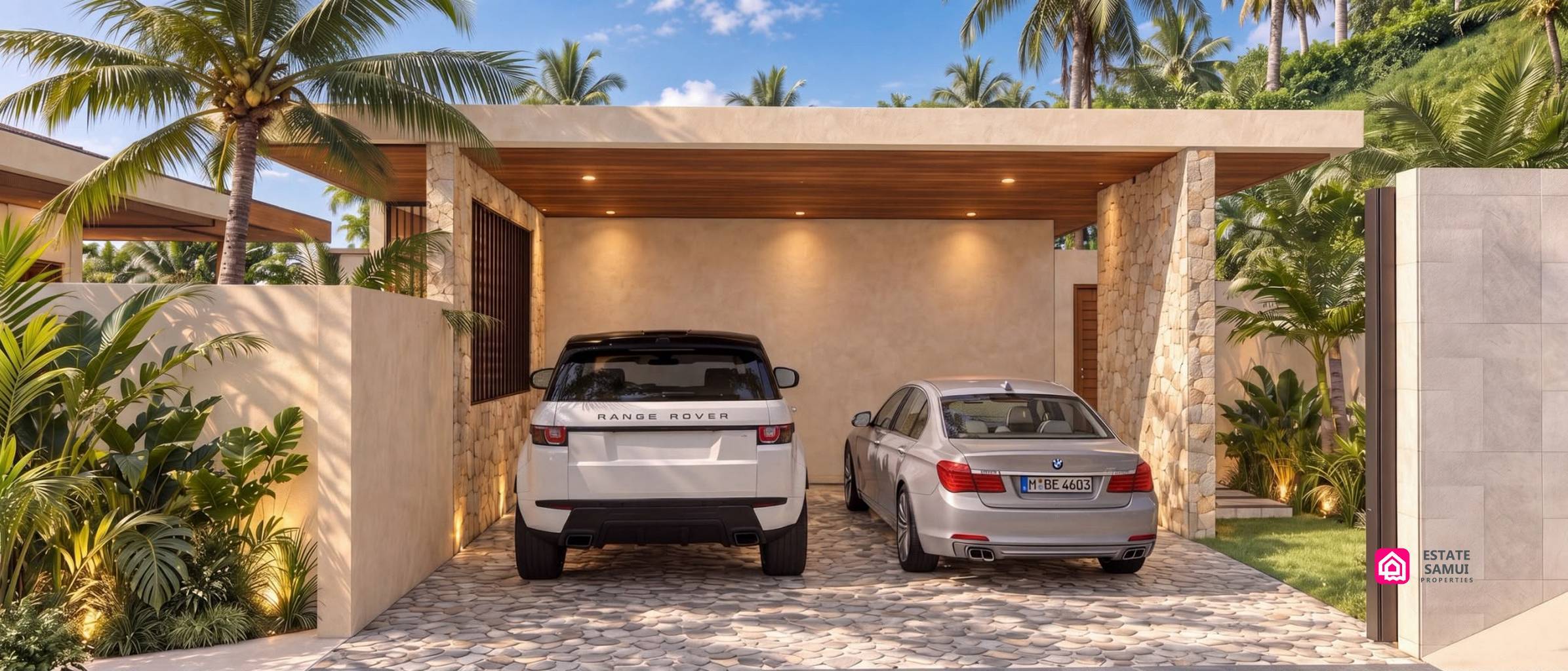 Covered parking area with two cars and tropical planting