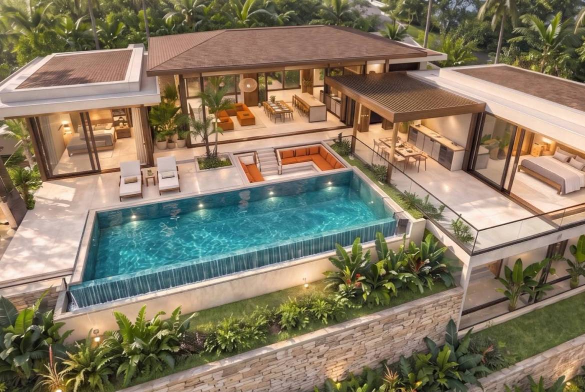 Elevated view of villa layout surrounding a private swimming pool
