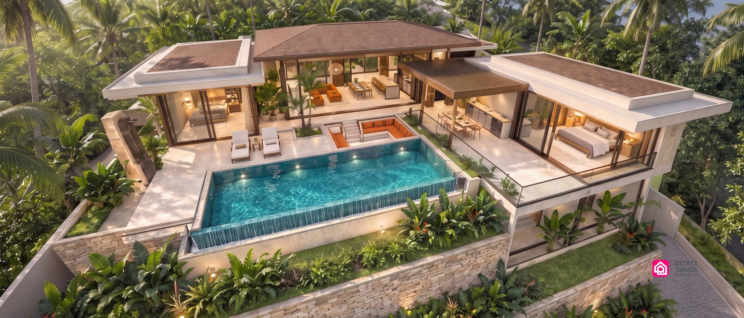 Elevated view of villa layout surrounding a private swimming pool