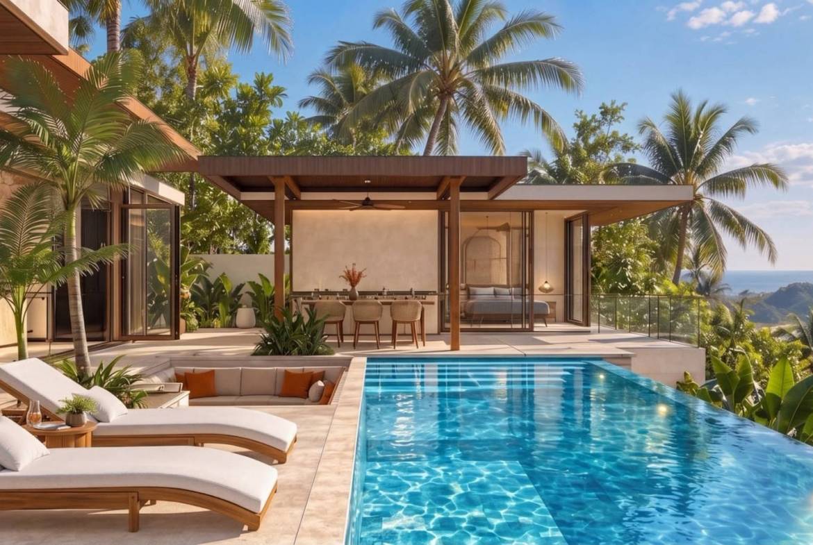 Poolside sun loungers overlooking the sea and tropical coastline