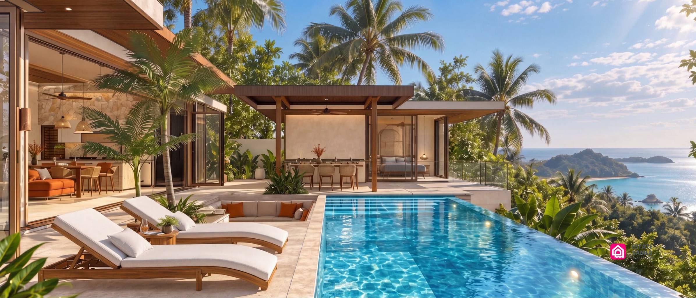 Poolside sun loungers overlooking the sea and tropical coastline