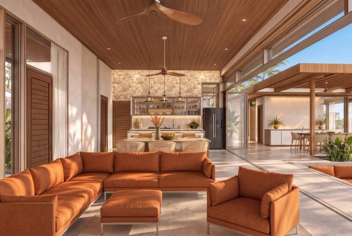 Open living area with orange seating and poolside terrace access