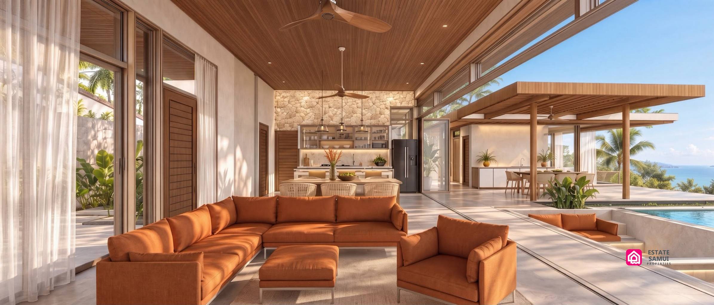 Open living area with orange seating and poolside terrace access