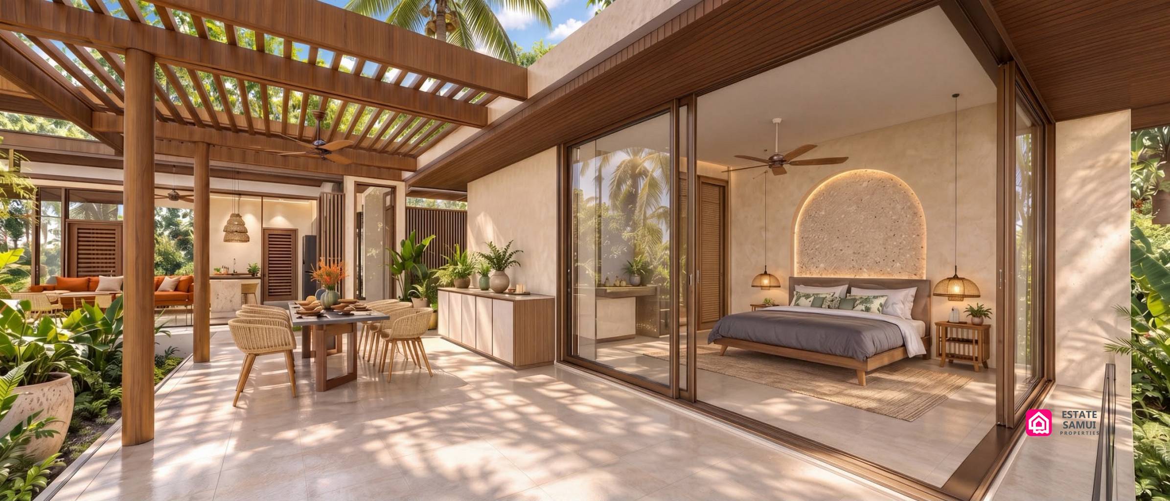 Bedroom opening onto a covered terrace beside an outdoor dining area
