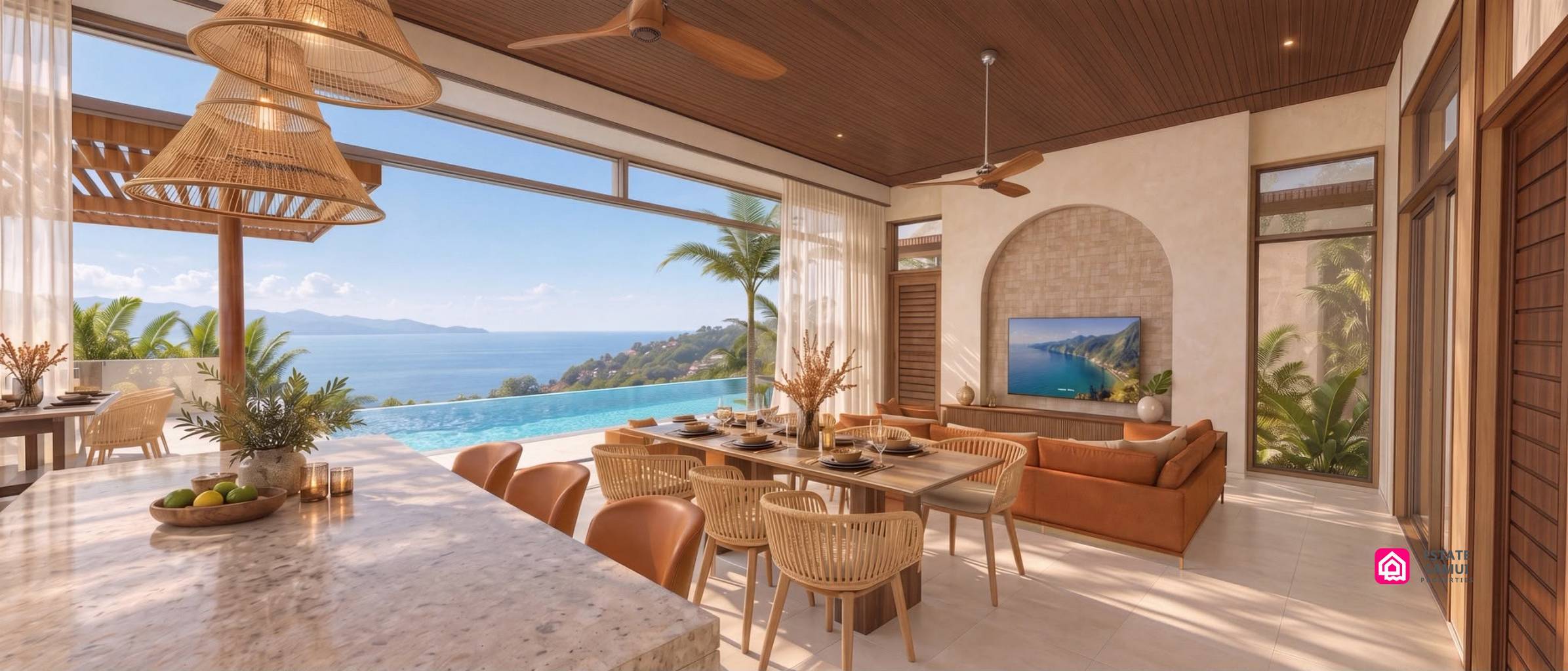 Kitchen island overlooking dining space, lounge and sea views