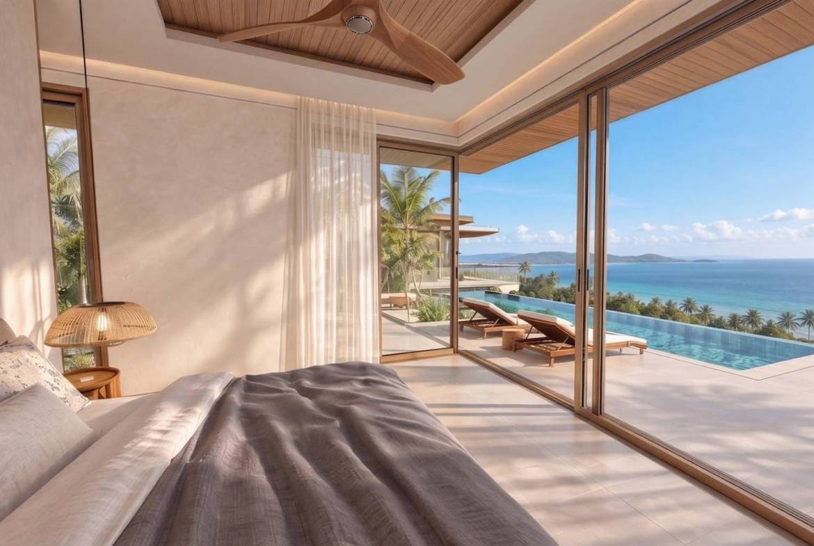 Bedroom with full-height glazing overlooking the swimming pool and sea