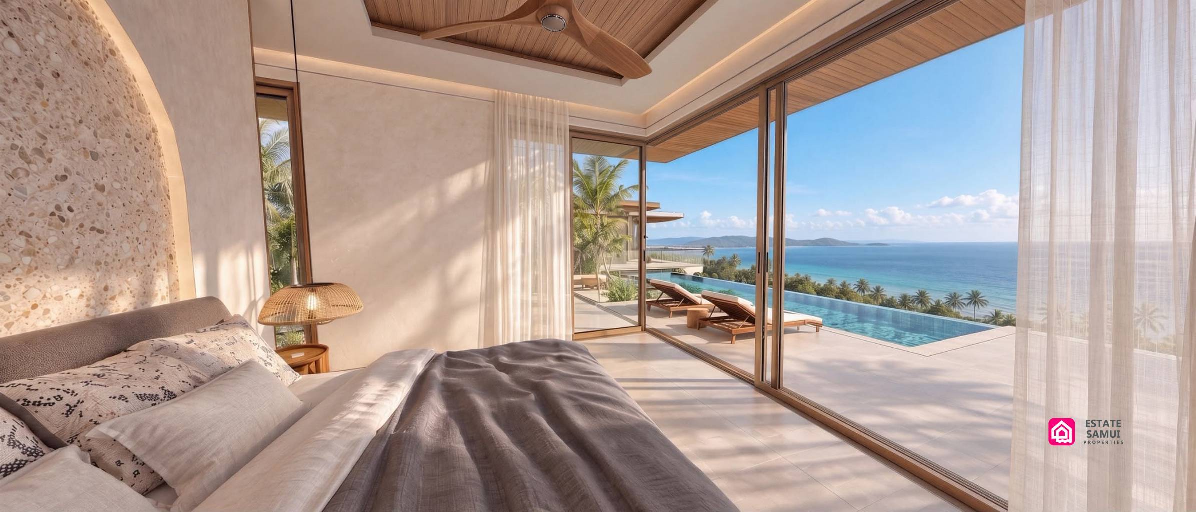 Bedroom with full-height glazing overlooking the swimming pool and sea