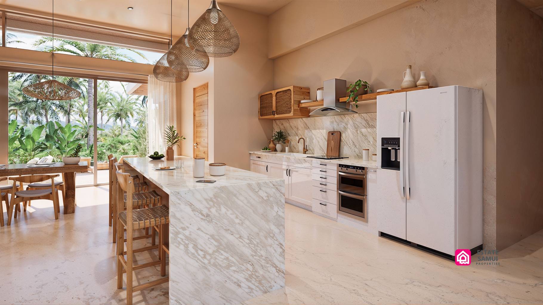 Pale kitchen cabinetry with island, built-in oven and refrigerator