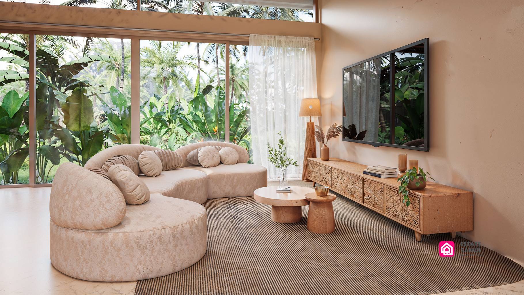 Curved living room sofa facing television beside garden-facing glazing