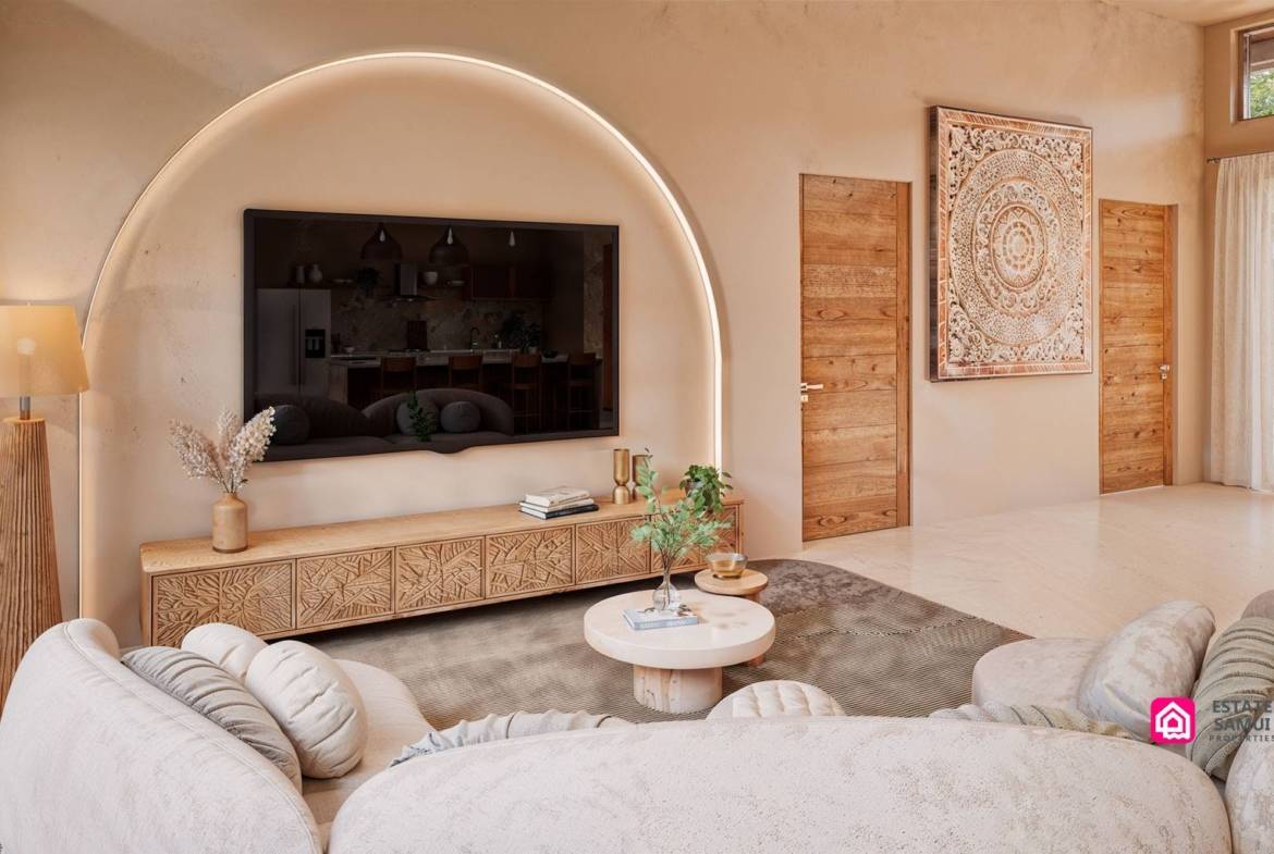 Arched television recess and curved sofa in neutral-toned living room
