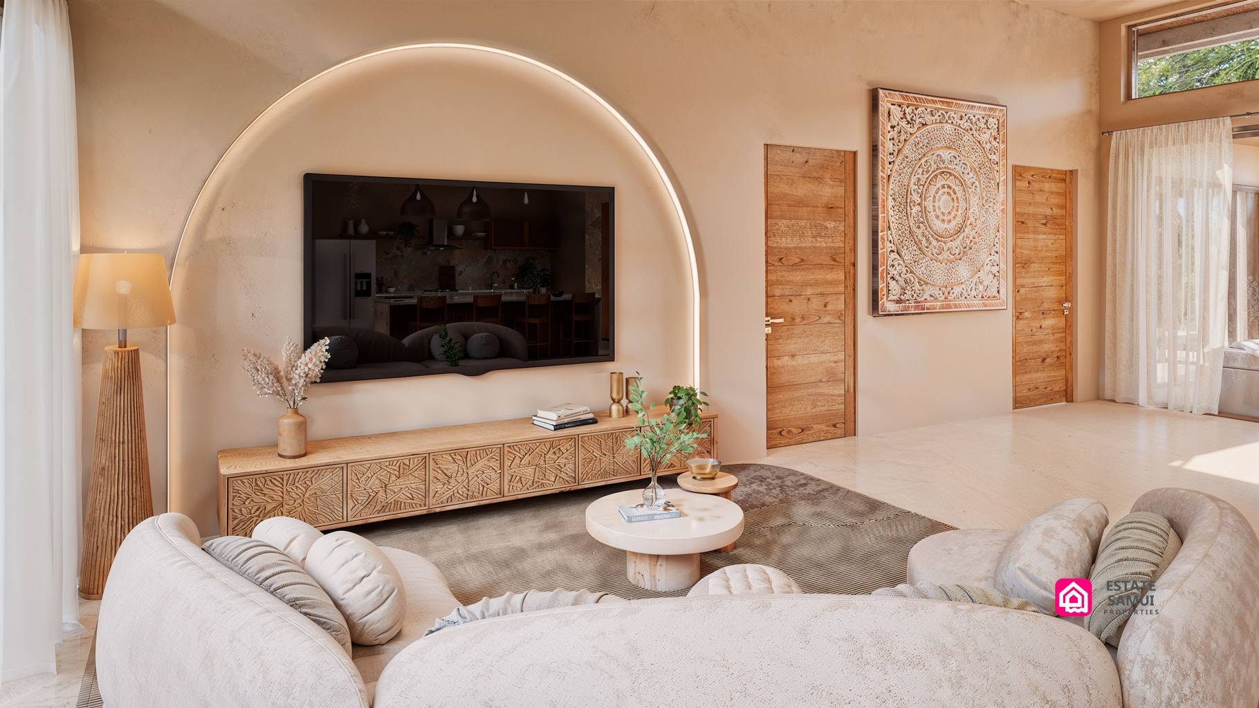 Arched television recess and curved sofa in neutral-toned living room