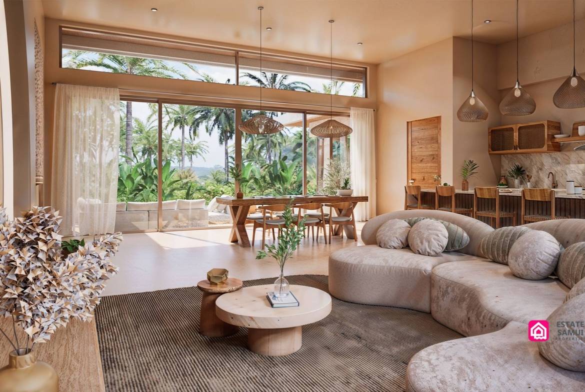 Living area overlooking the pool with dining space beyond