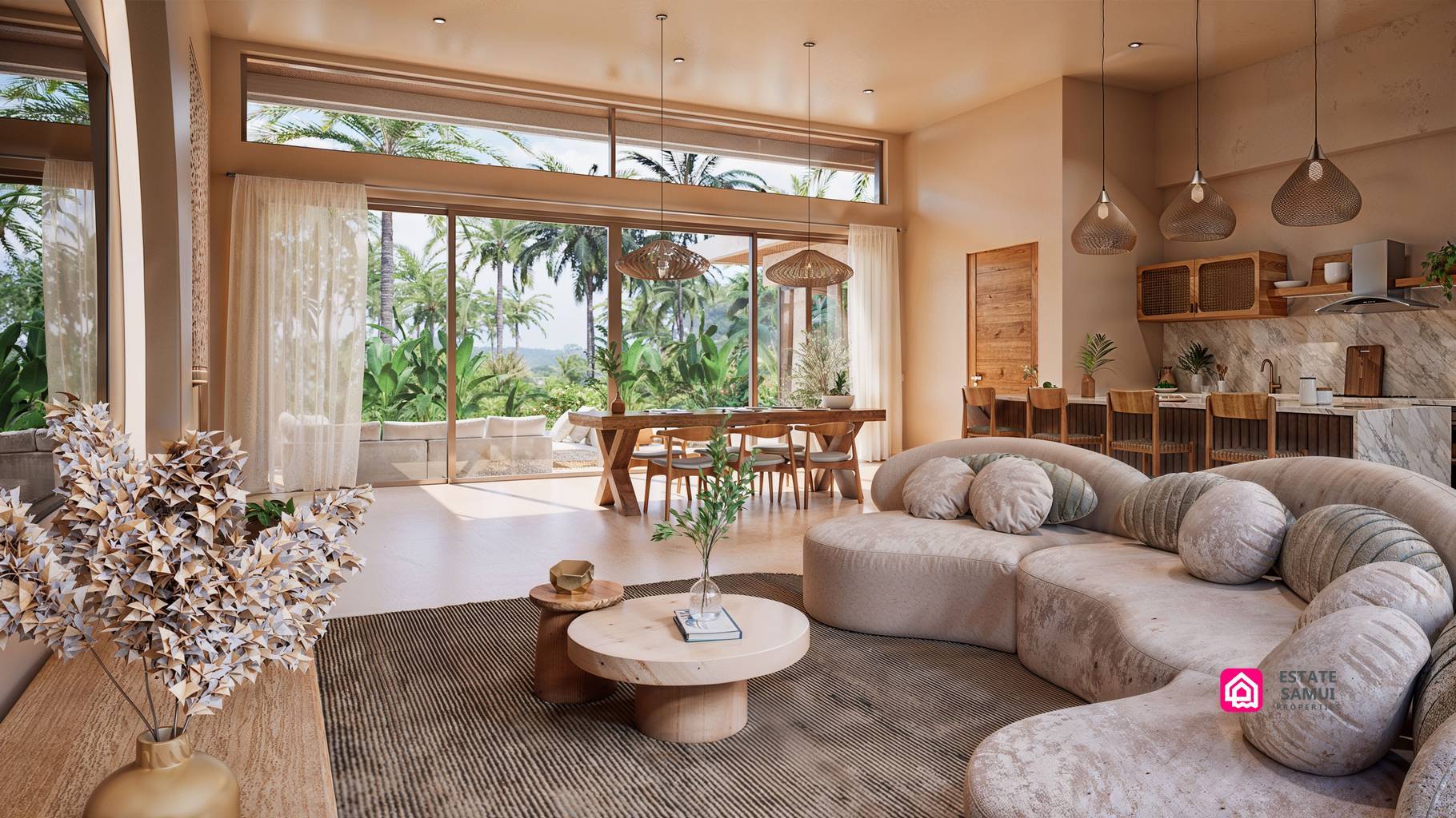 Living area overlooking the pool with dining space beyond