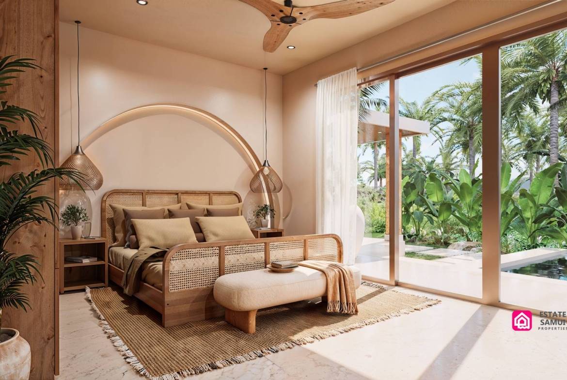 Bedroom with arched headboard detail and pool-facing sliding doors