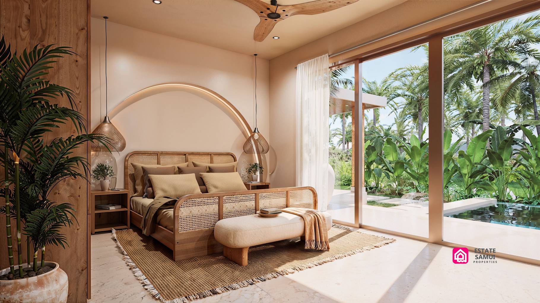 Bedroom with arched headboard detail and pool-facing sliding doors