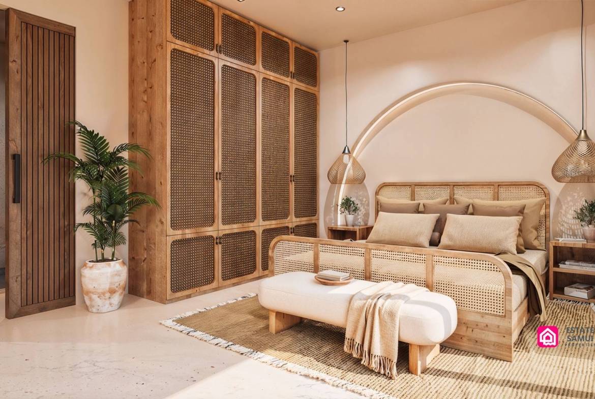 Bedroom with timber-framed wardrobe and upholstered bench