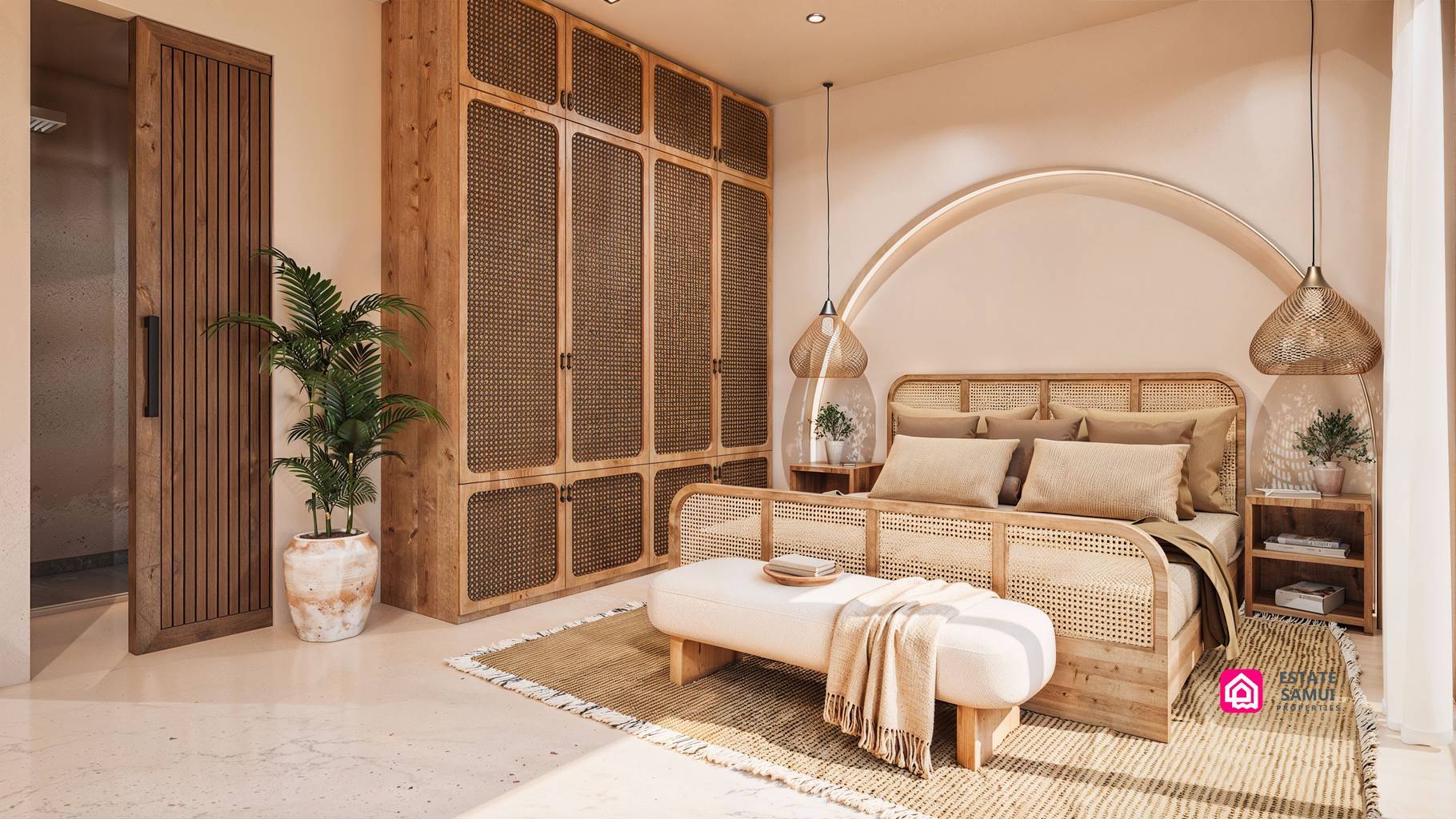 Bedroom with timber-framed wardrobe and upholstered bench
