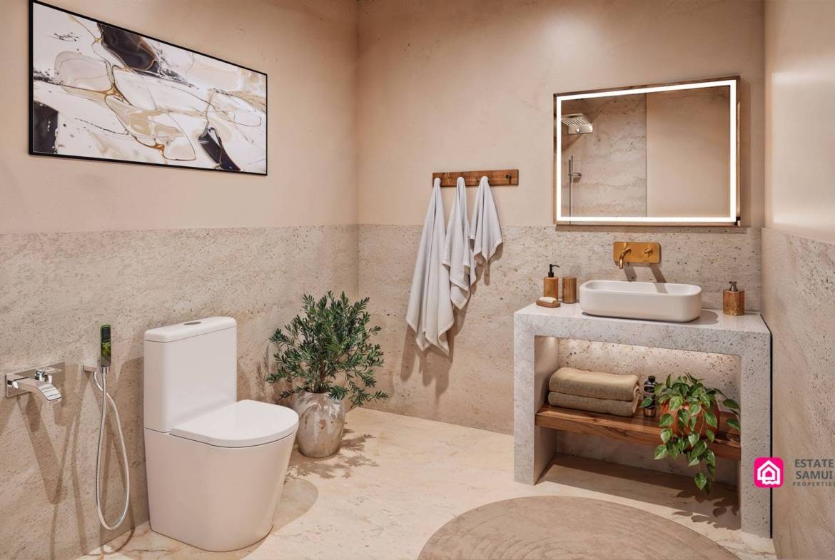 Bathroom with vessel basin, illuminated mirror and patterned floor tiles