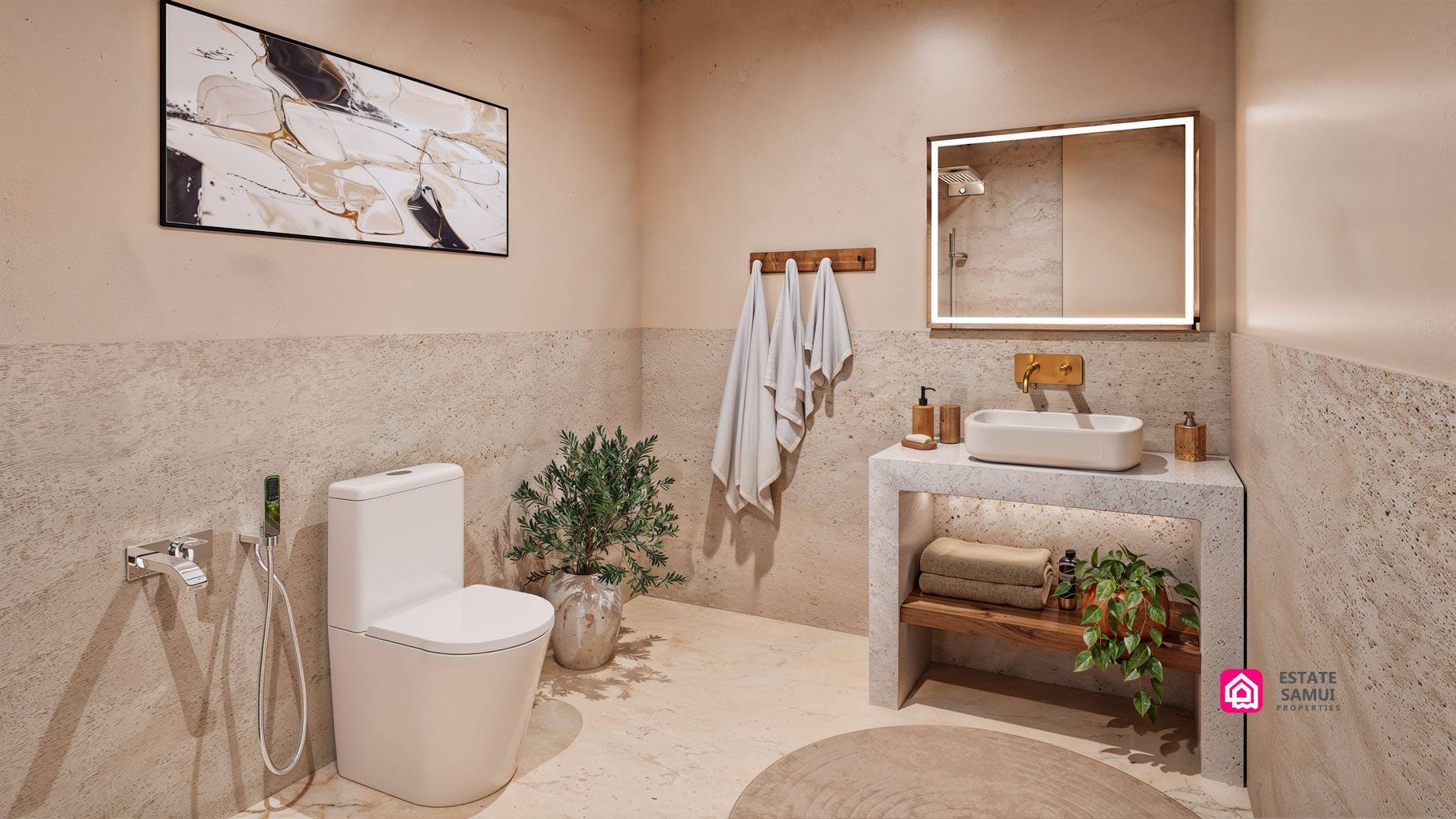 Bathroom with vessel basin, illuminated mirror and patterned floor tiles