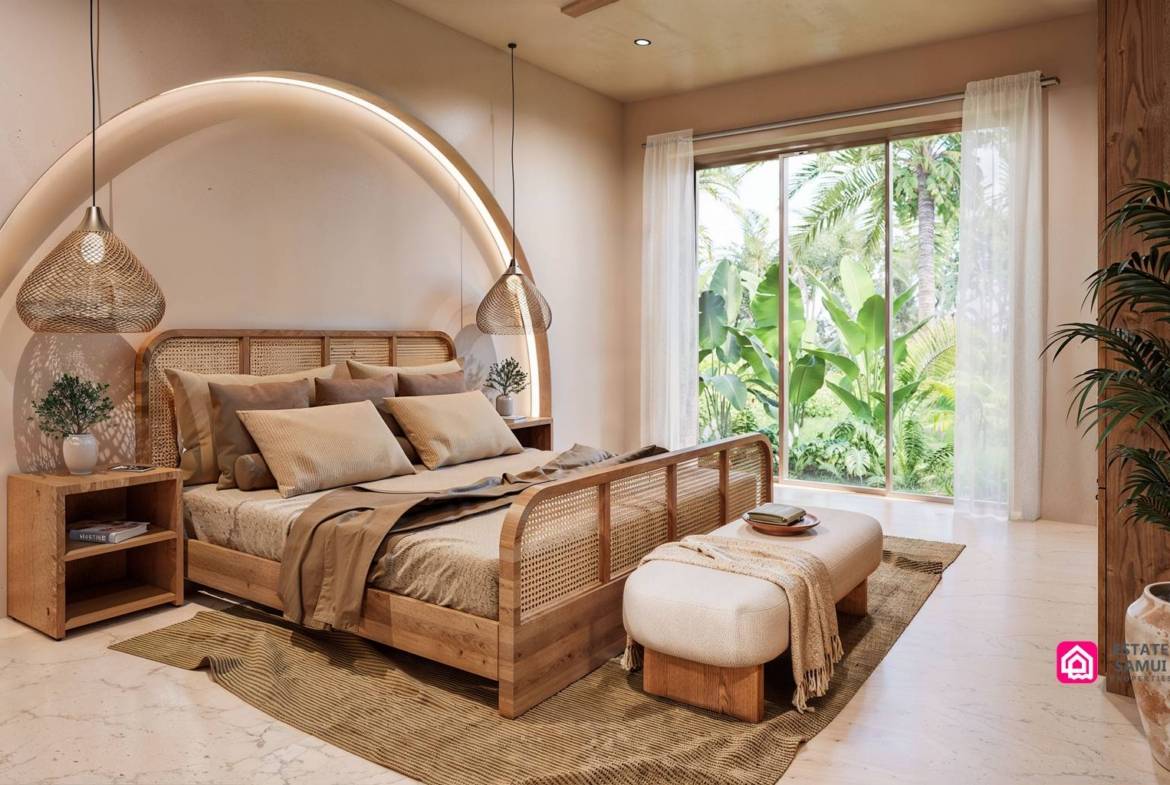 1. Bedroom with pendant lighting and sliding doors overlooking tropical greenery