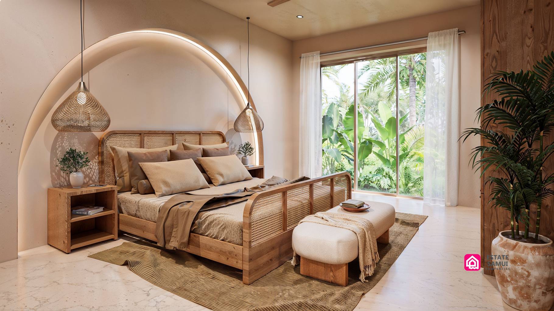 1. Bedroom with pendant lighting and sliding doors overlooking tropical greenery