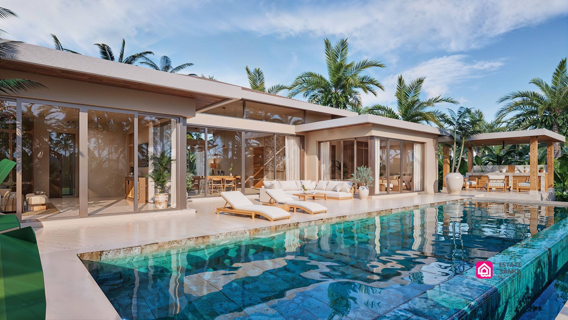 Swimming pool beside villa terrace with loungers and glazed doors