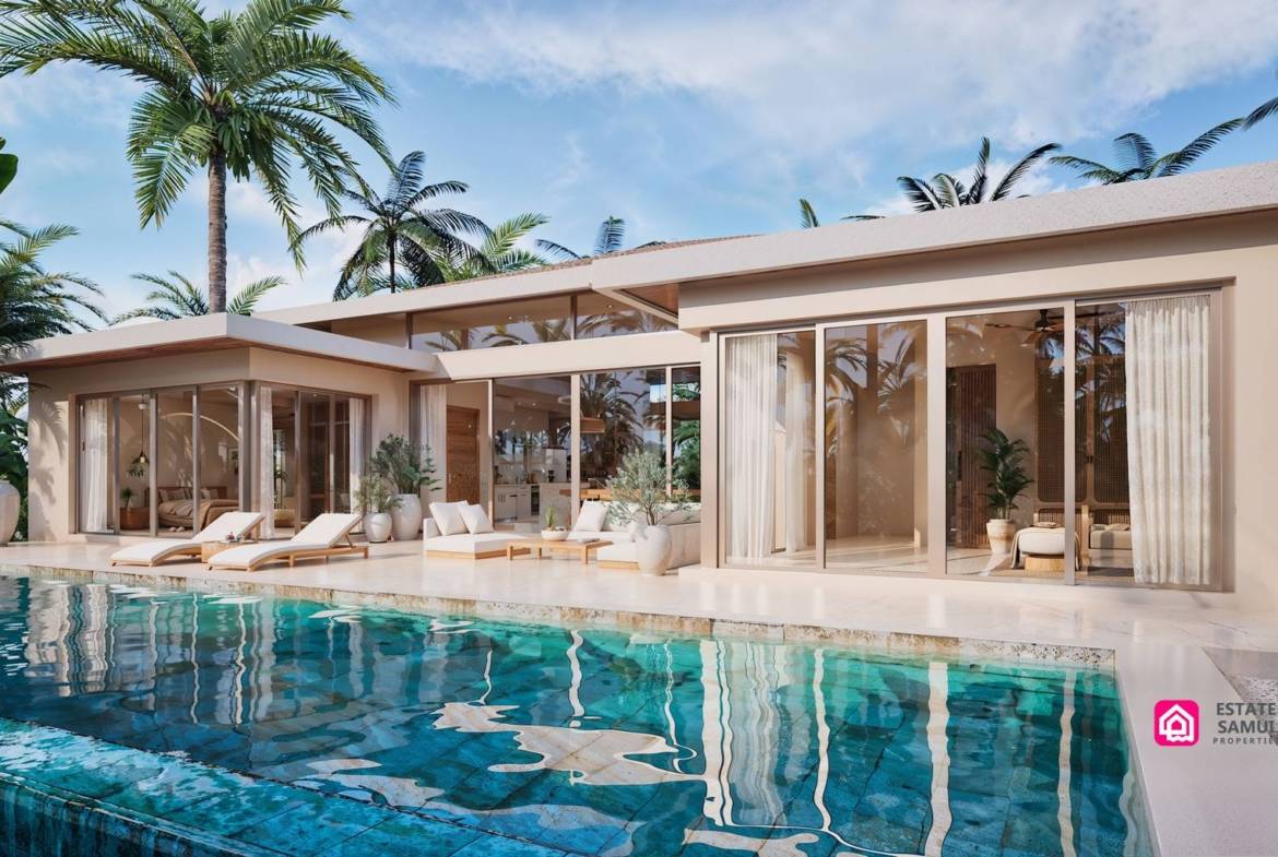 Pool-facing villa exterior with broad windows and covered terrace