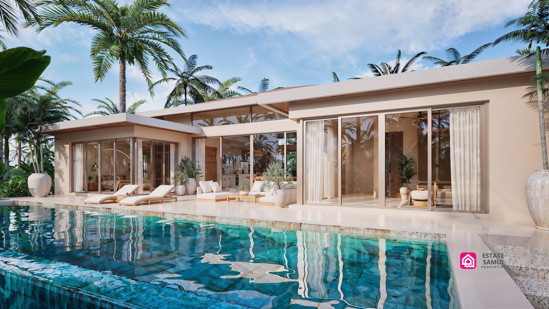 Pool-facing villa exterior with broad windows and covered terrace