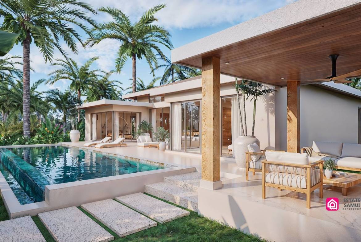 Covered outdoor seating area beside the swimming pool