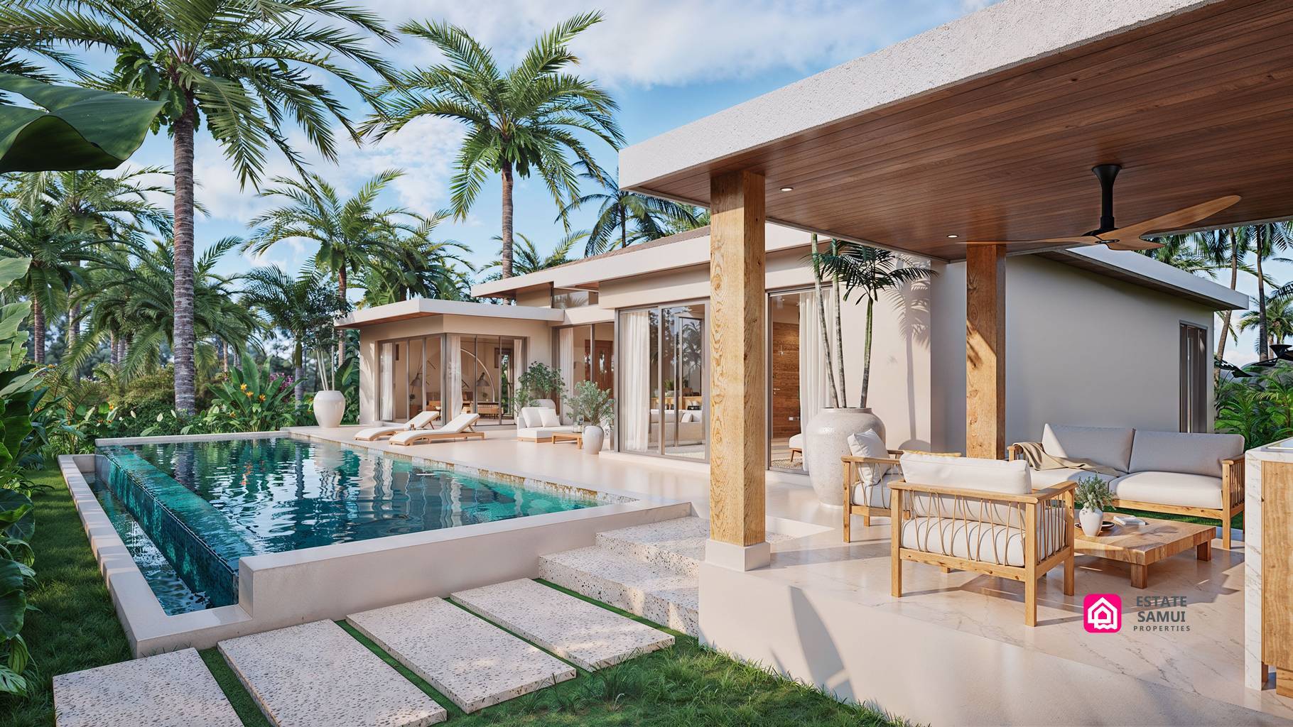 Covered outdoor seating area beside the swimming pool