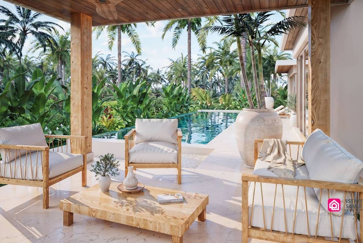 Sheltered terrace with cushioned seating and a wooden coffee table