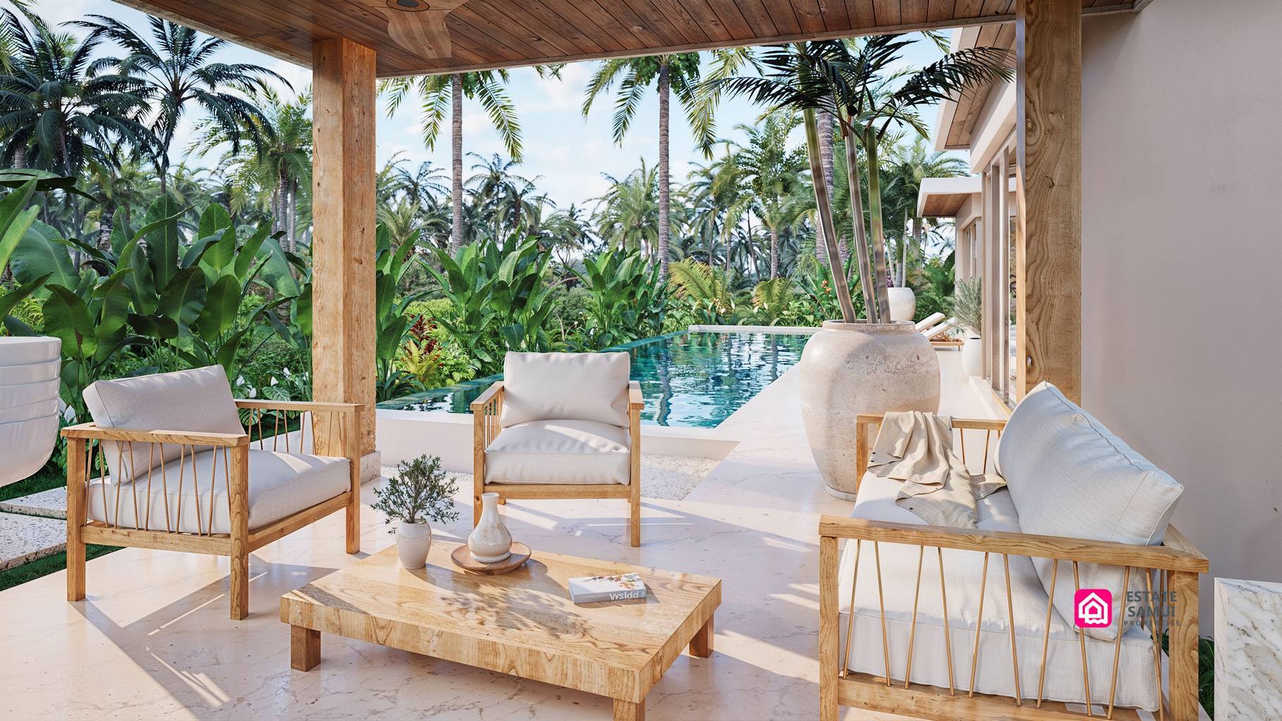 Sheltered terrace with cushioned seating and a wooden coffee table