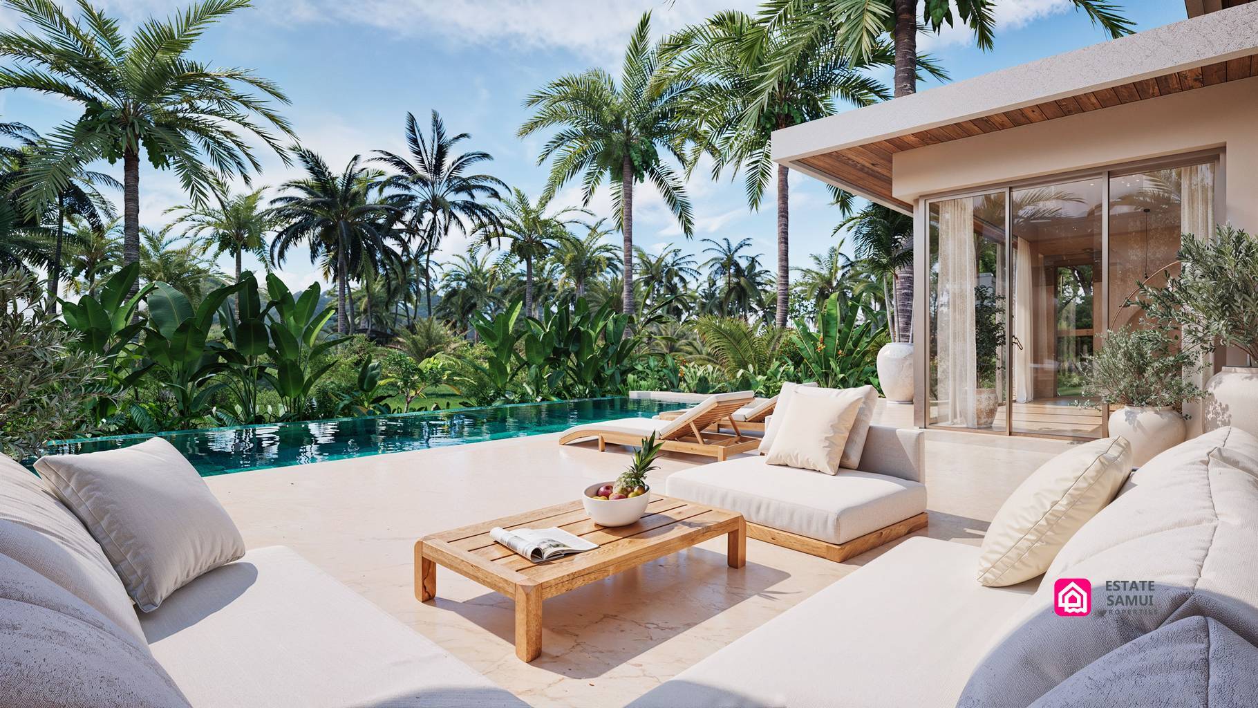 Poolside loungers and outdoor sofa beside glazed living room doors