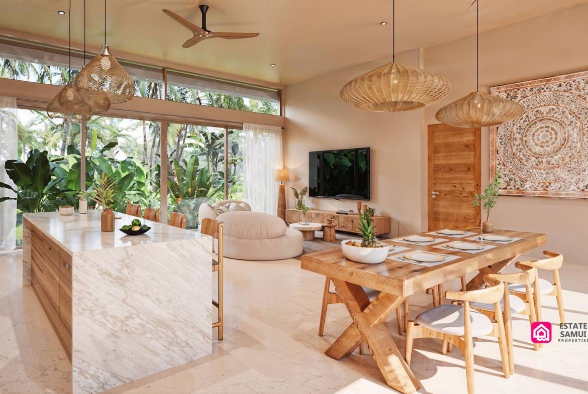 Open living and dining area with kitchen island and pendant lighting