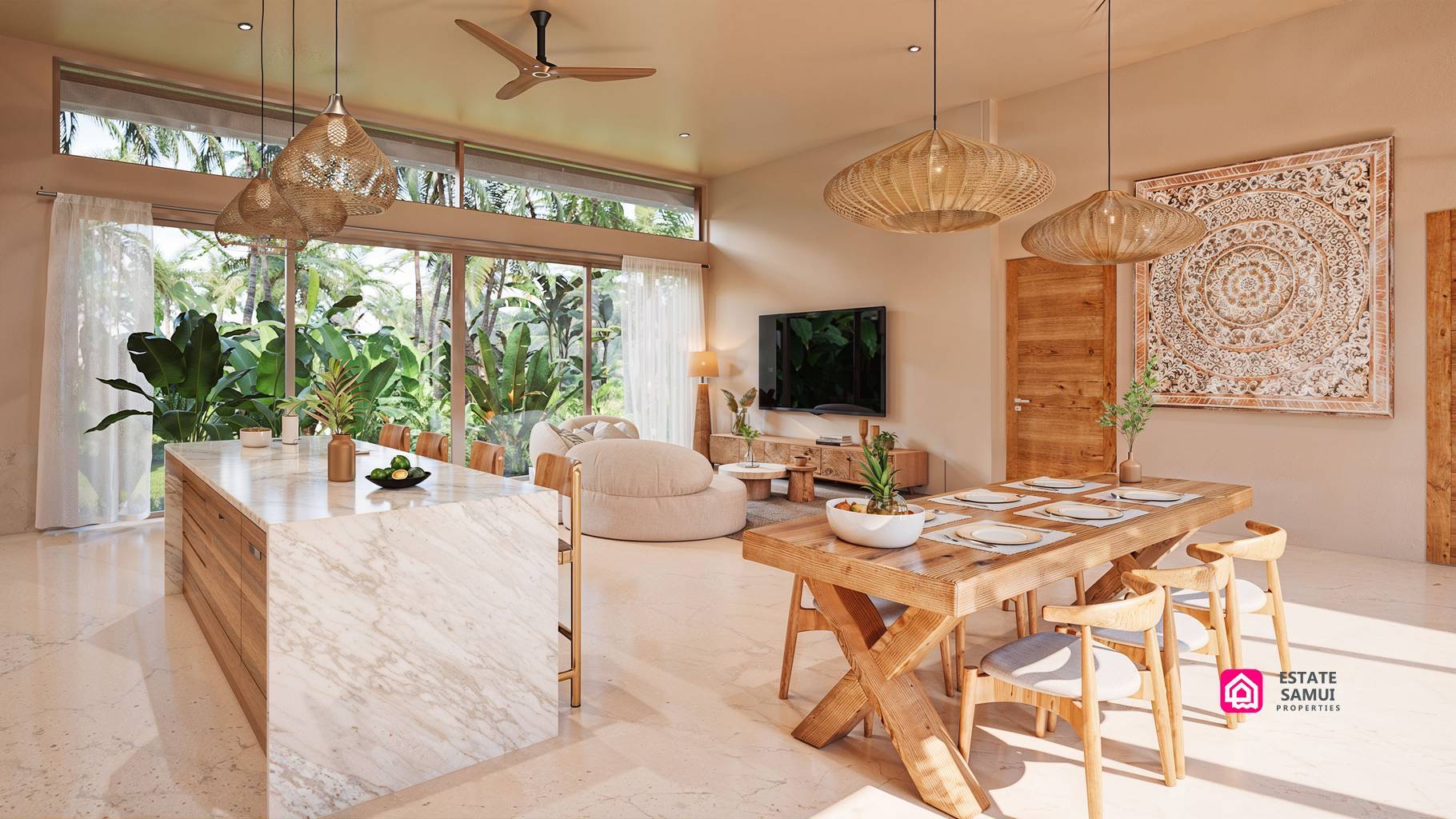 Open living and dining area with kitchen island and pendant lighting