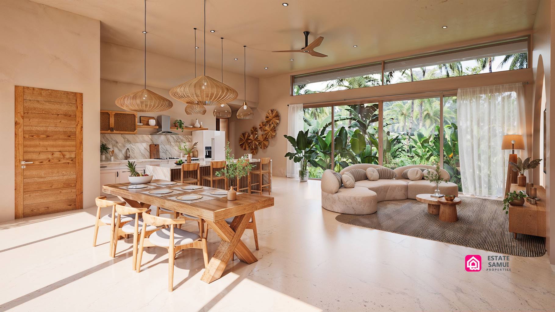 Open-plan interior with dining table, kitchen and curved sofa