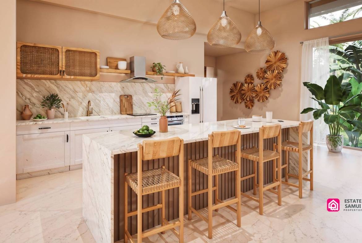 Kitchen island with woven bar stools and pendant lights