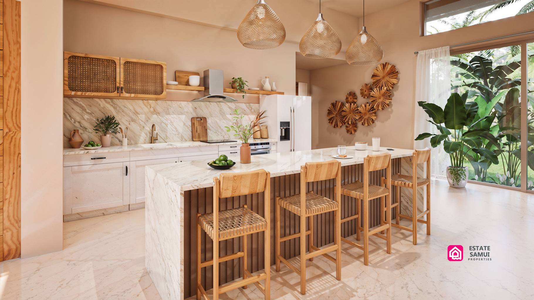 Kitchen island with woven bar stools and pendant lights