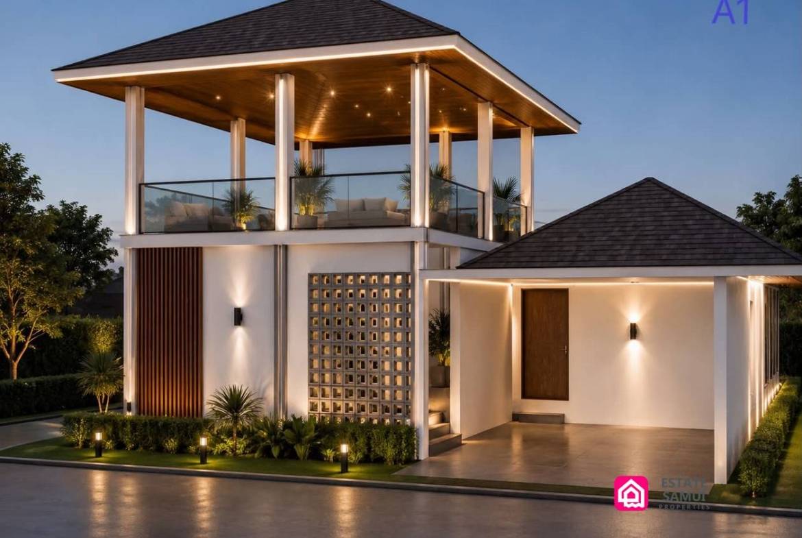 Villa exterior design with covered parking and an illuminated upper pavilion.