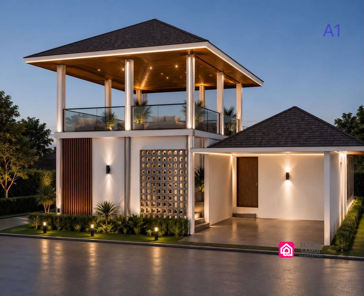 Villa exterior design with covered parking and an illuminated upper pavilion.