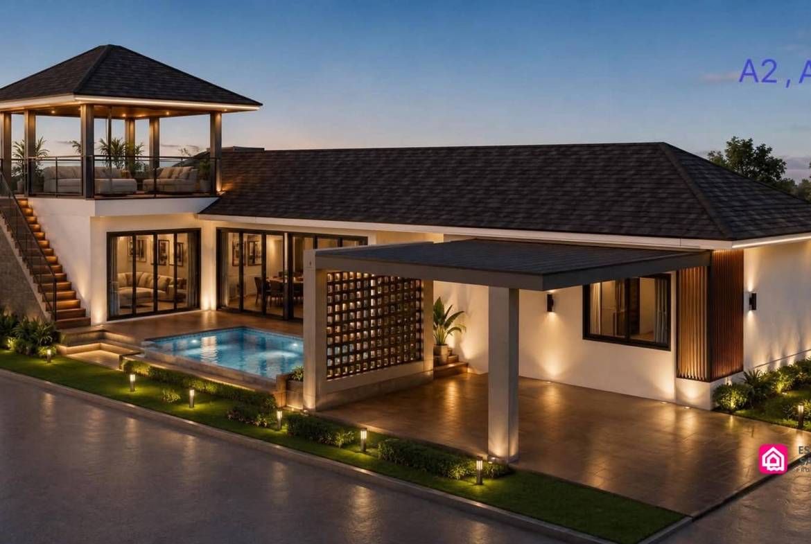 Pool villa design with external stairs, upper seating pavilion and covered parking.