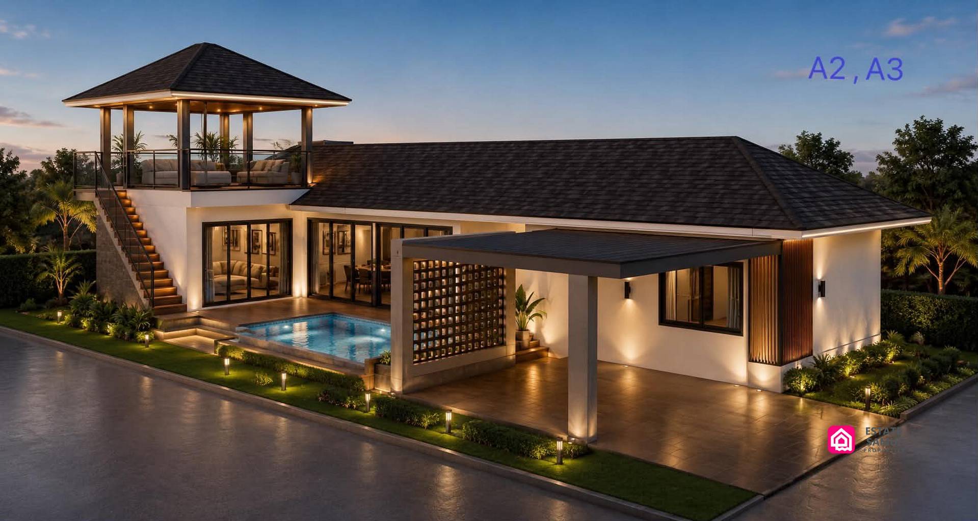 Pool villa design with external stairs, upper seating pavilion and covered parking.