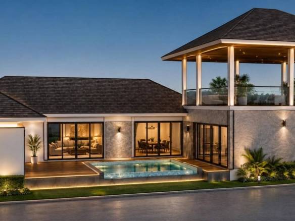 Front-facing villa design with swimming pool, glazed living areas and upper pavilion.
