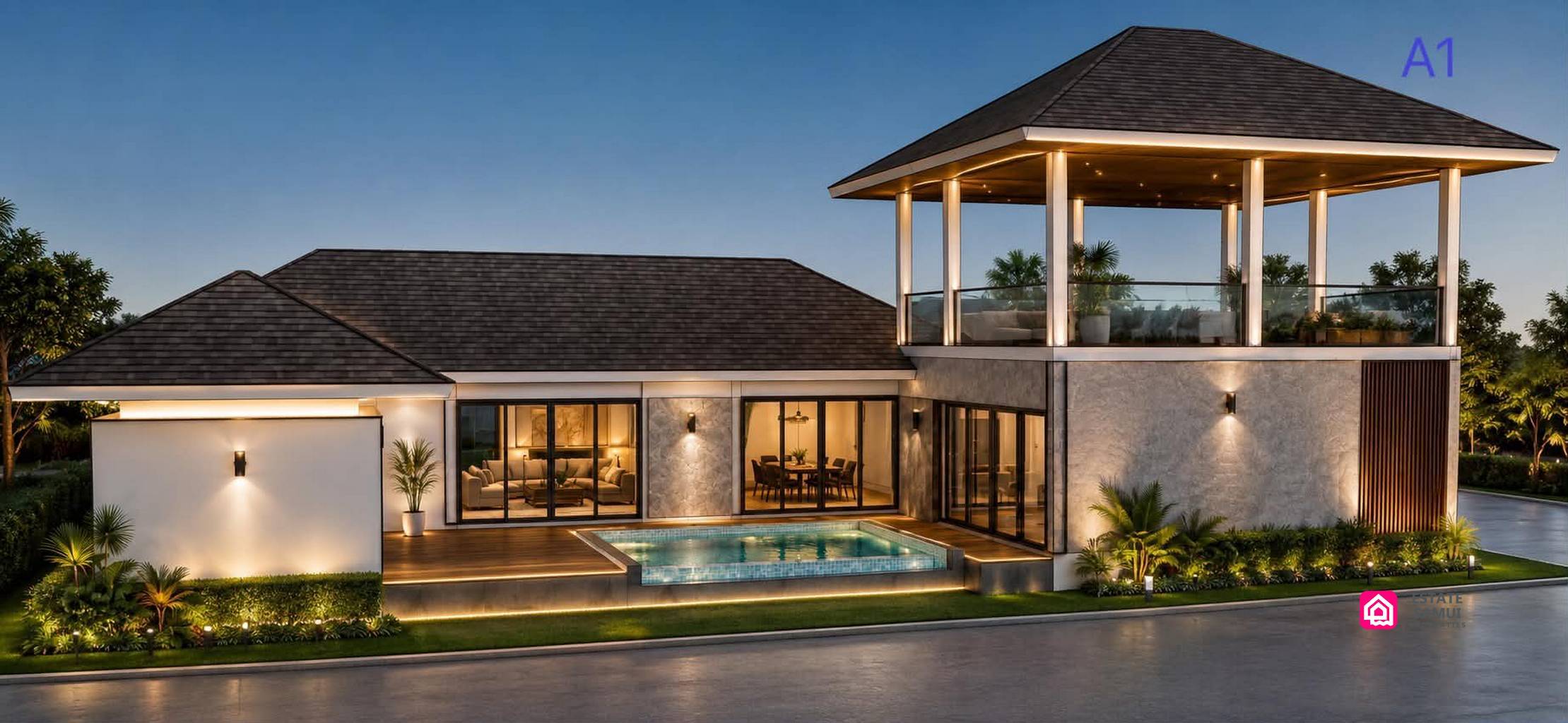 Luxurious Maenam Pool Villas | 3 Bedrooms, Koh Samui Front-facing villa design with swimming pool, glazed living areas and upper pavilion.