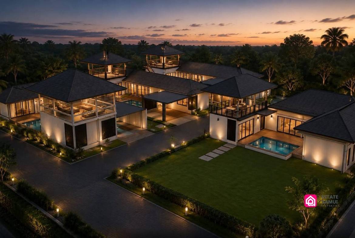 Elevated development view showing four pool villas with upper pavilions at dusk.