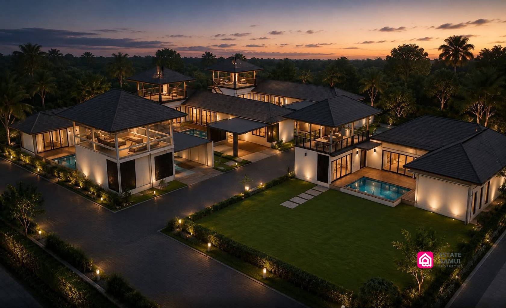Elevated development view showing four pool villas with upper pavilions at dusk.