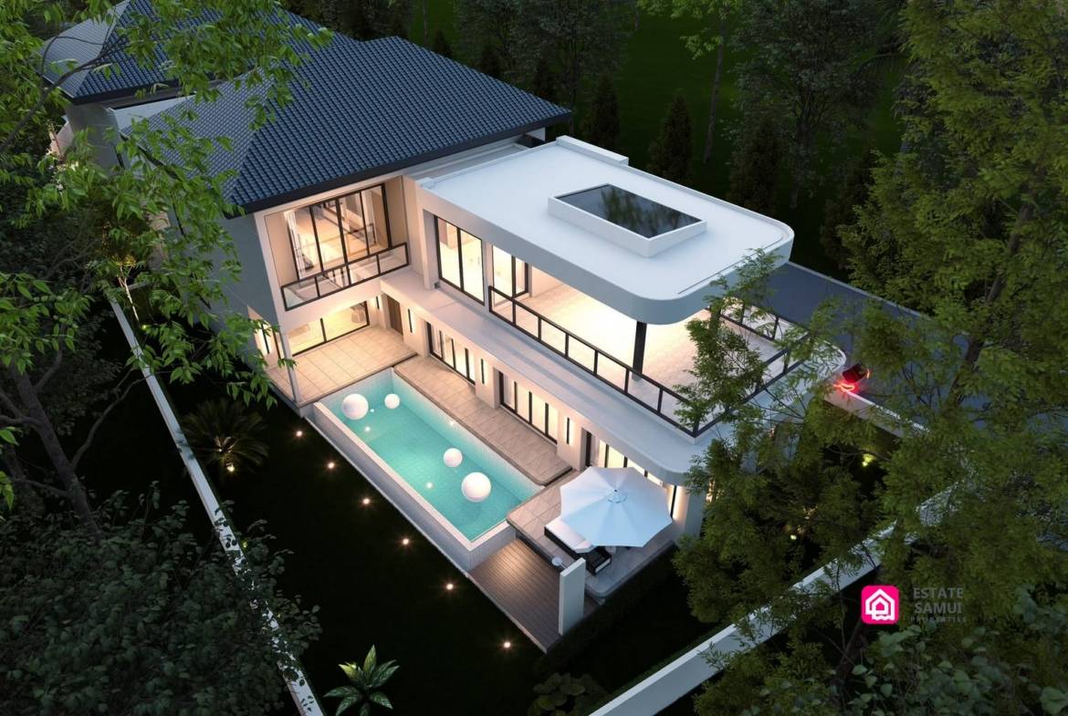 Elevated view of Vela View Samui Villas with private pool and balconies