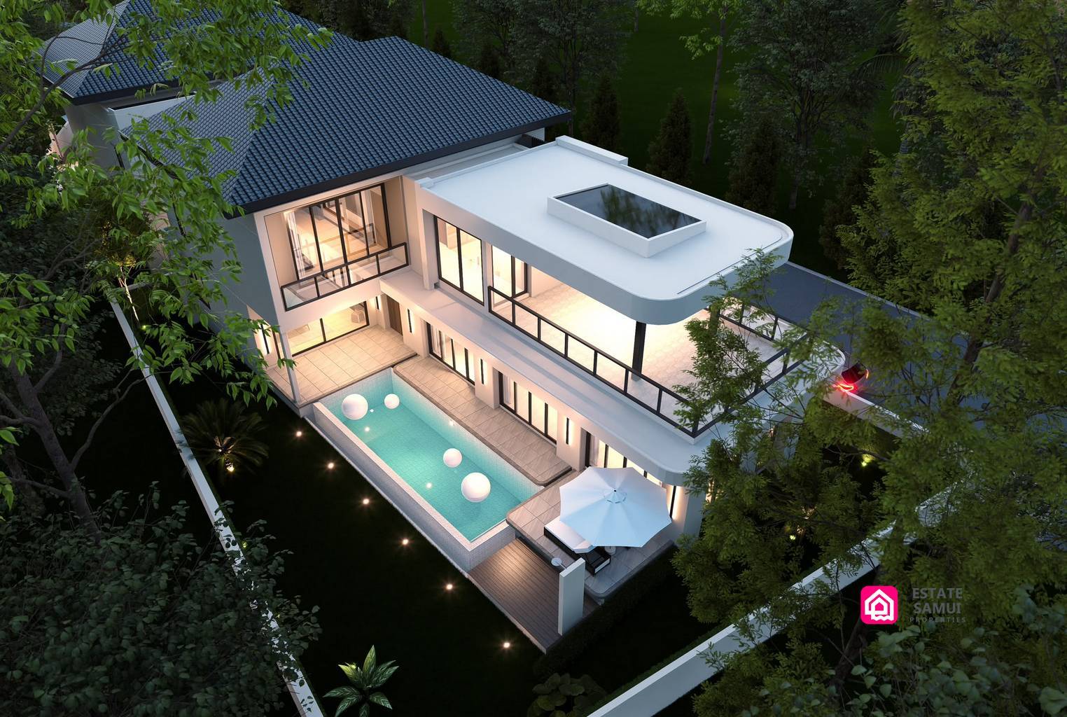 Elevated view of Vela View Samui Villas with private pool and balconies