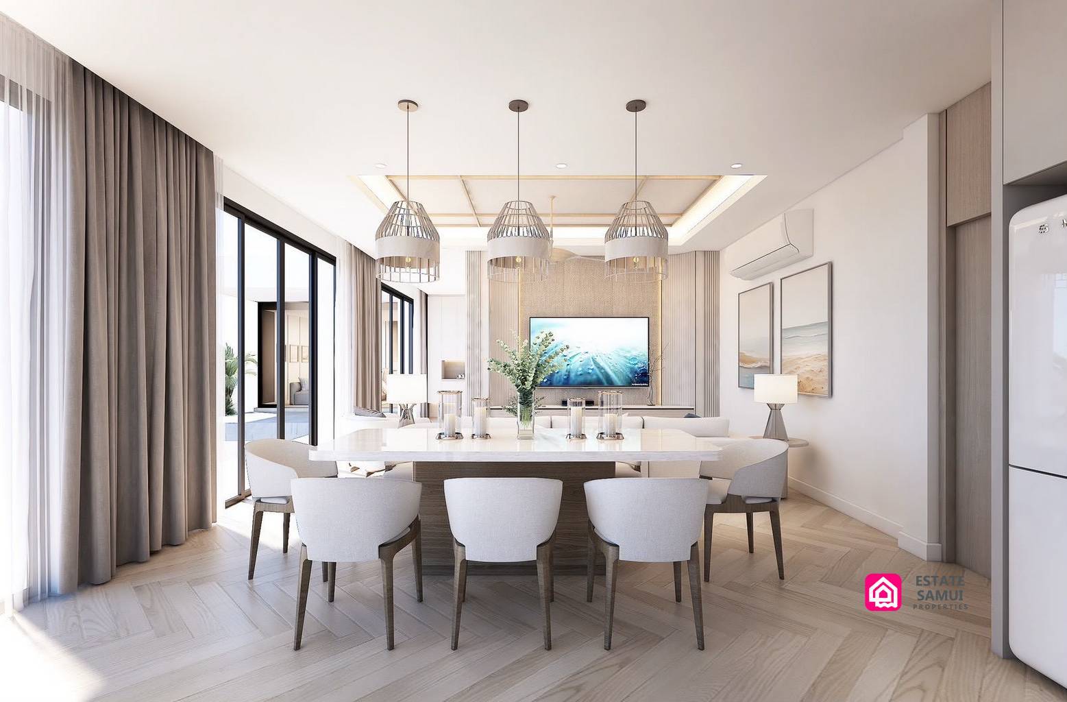 Dining table beneath pendant lights beside full-height glazed doors